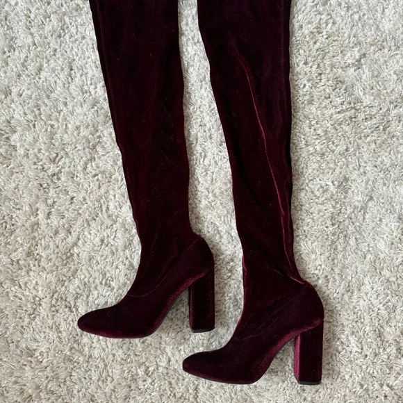 Zara | Shoes | Zara Velvet Burgundy Over The Knee Boots In  display picture 1